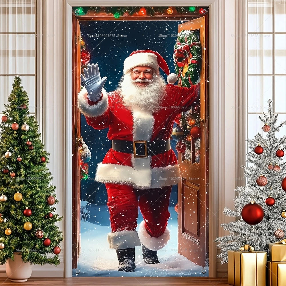Christmas Decorations Santa Claus Door Banner Xmas Tree Gift Backdrop for Christmas Eve Indoor Outdoor Porch Background Decor