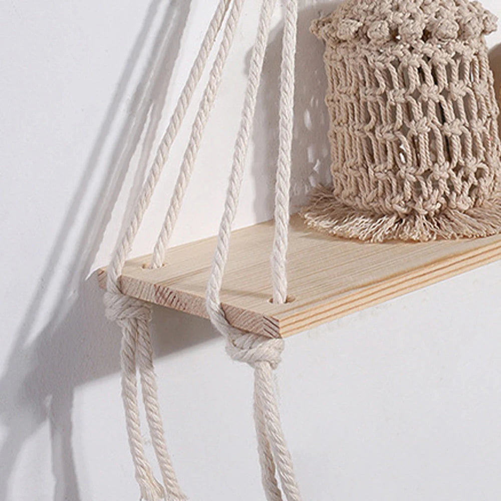 Boho Wooden Wall Hanging Shelves – Macrame Floating Plant Shelf & Rustic Wall Decor for Bedroom, Living Room & Office