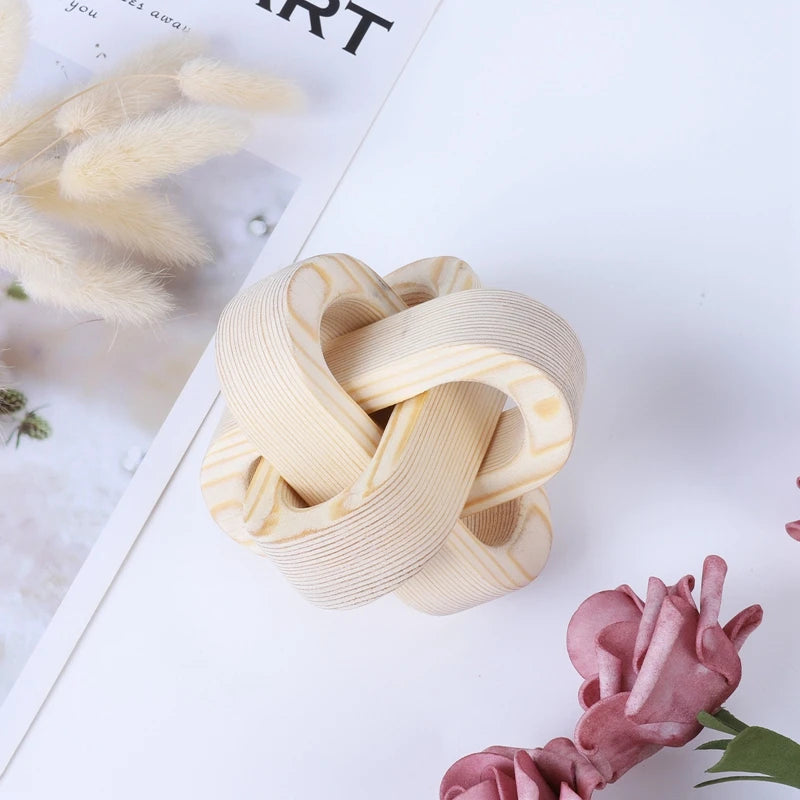 Boho Wooden Knot Decor – Hand-Carved 3-Link Wood Ornament for Farmhouse, Office & Rustic Home Styling