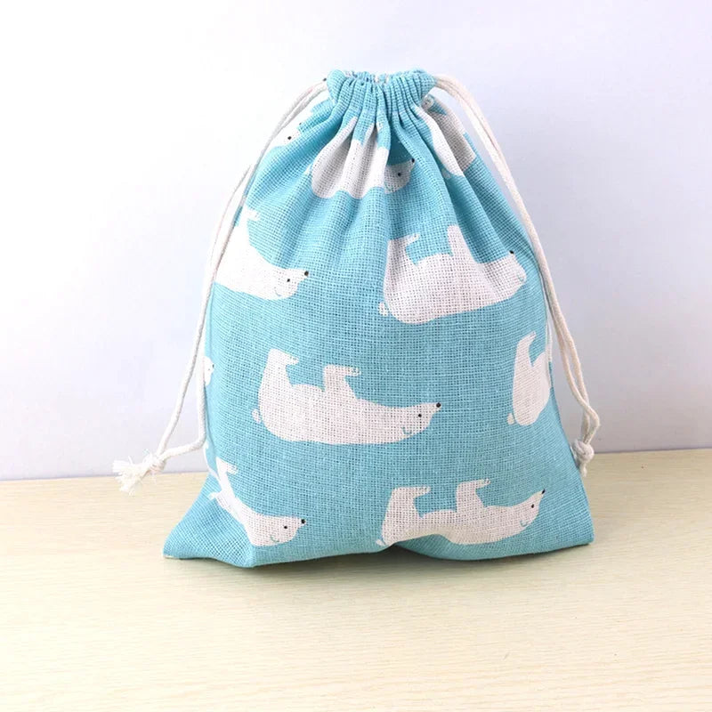 Cotton Linen Fabric Pouch Drawstring Bag Cute Animal Plant Print Kids Travel Cloth Shoes Storage Bag Makeup Case Xmas Gift Bag