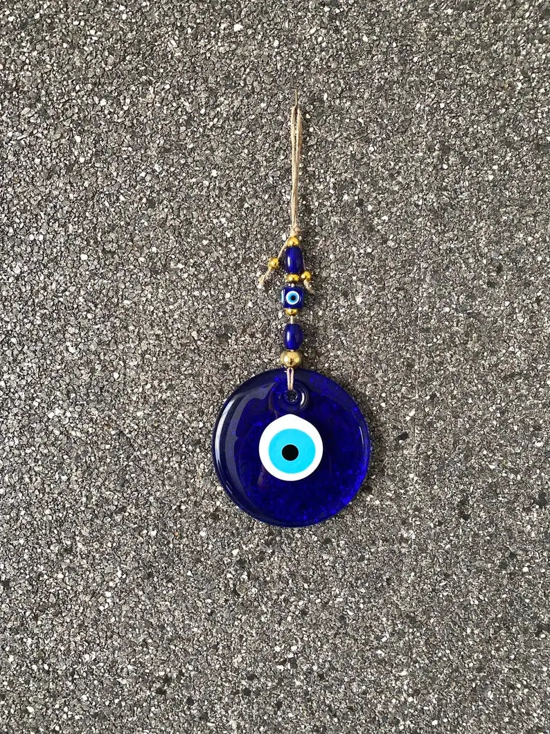 Blue Evil Eye Wall Hanging – Glass Nazar Boncuk Home Decor, Bohemian Greek Art