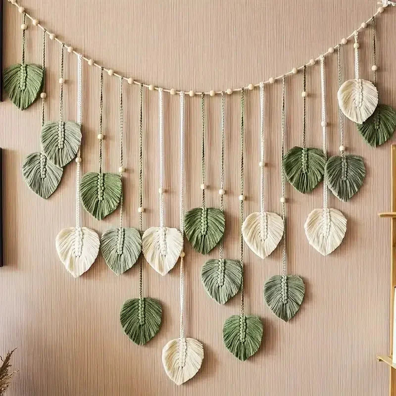Boho Macrame Leaf Wall Hanging – Handmade Feather Tapestry for Bedroom & Living Room Home Decor