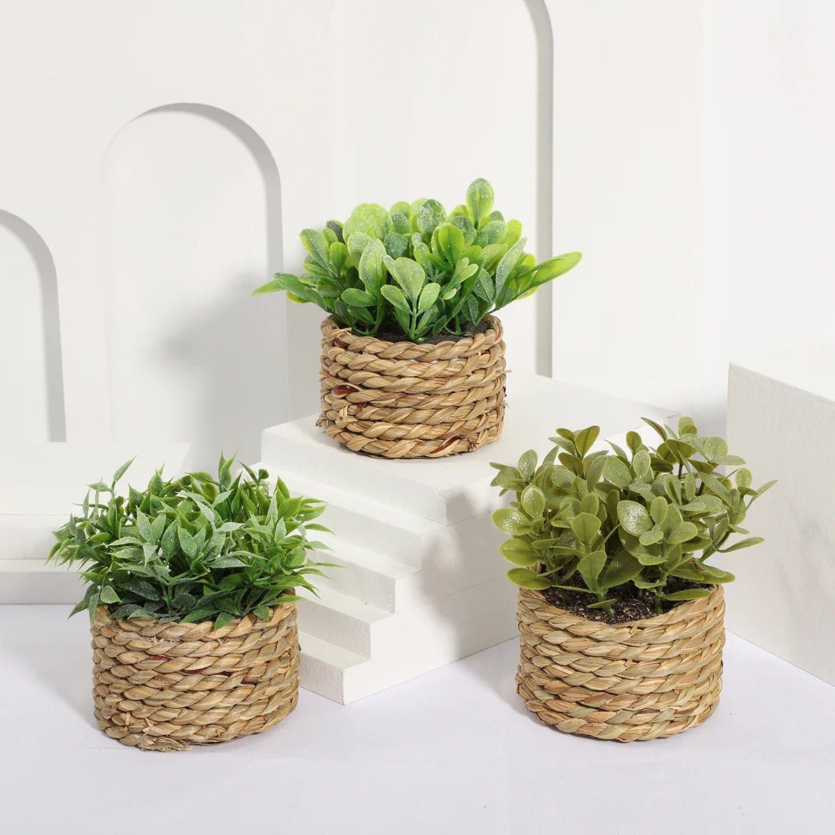 3pcs Green Artificial Plants Grass Woven Small Potted Plants Home Decoration home decor  home decoration  plants