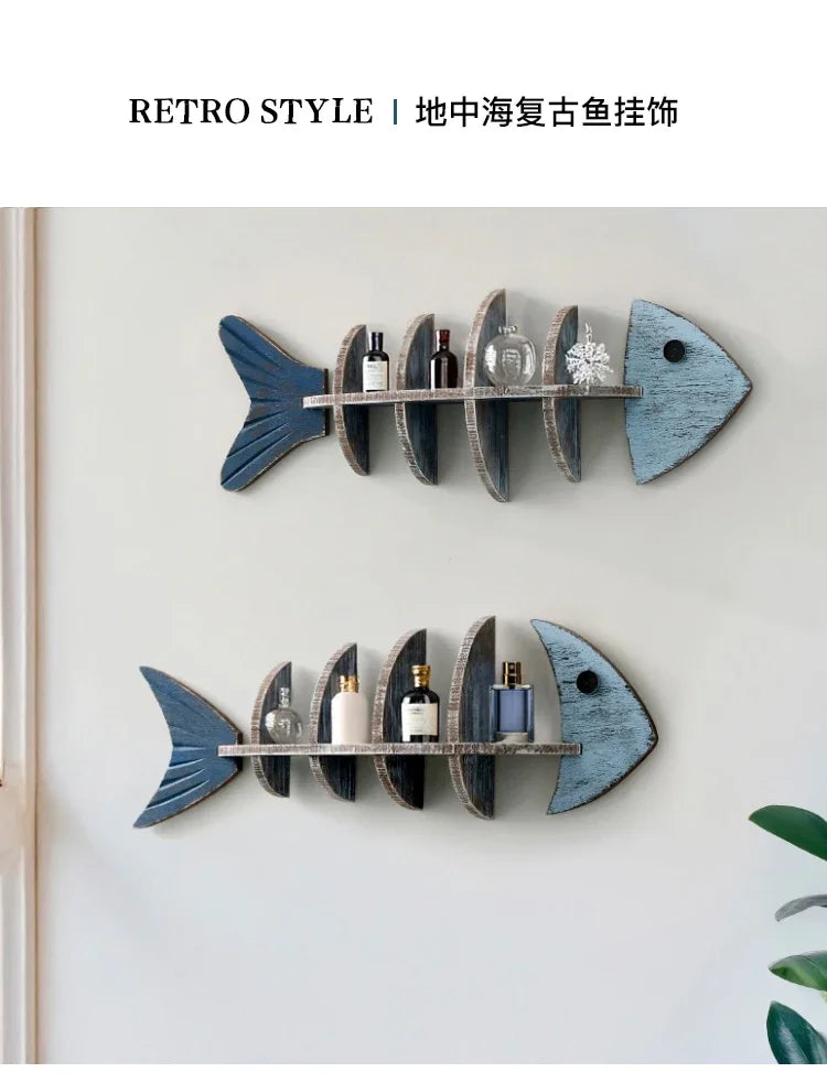 Mediterranean 3D Wooden Fishbone Wall Shelf – Retro Fish-Shaped Organizer & Decorative Wall Art for Living Rooms