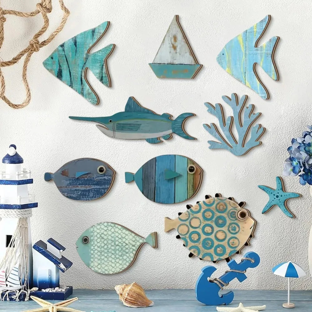 Handcrafted Wooden Ocean Wall Decor – Coastal Beach-Themed Set with Fish, Coral, Starfish & Sailboat for Home or Bathroom
