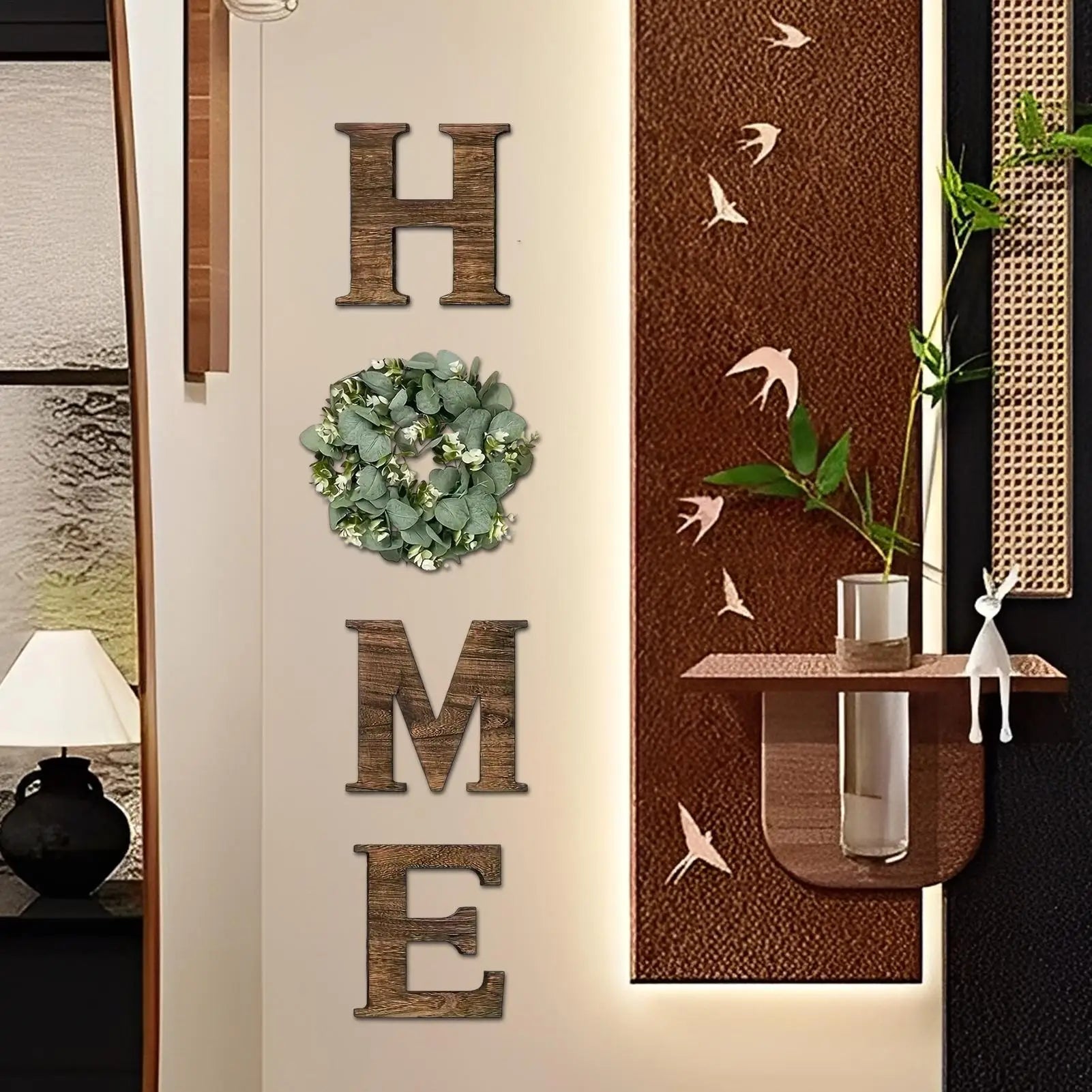 Wooden “HOME” Wall Sign with Faux Eucalyptus Wreath – Rustic Farmhouse Wall Decor for Kitchen & Living Room