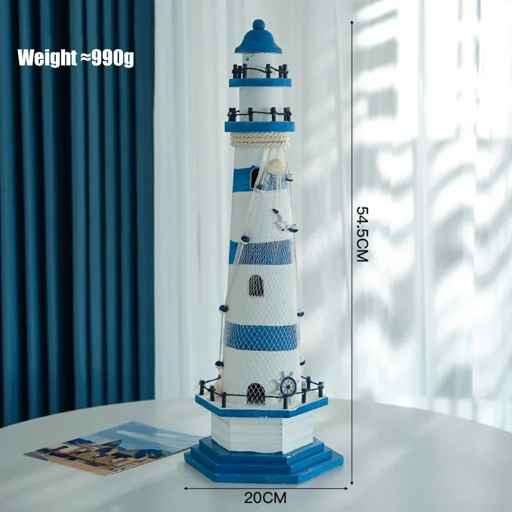 Mediterranean Wooden Lighthouse Decor – Nautical Sea-Themed Home Ornament & Creative Marine Gift for Kids and Living Rooms