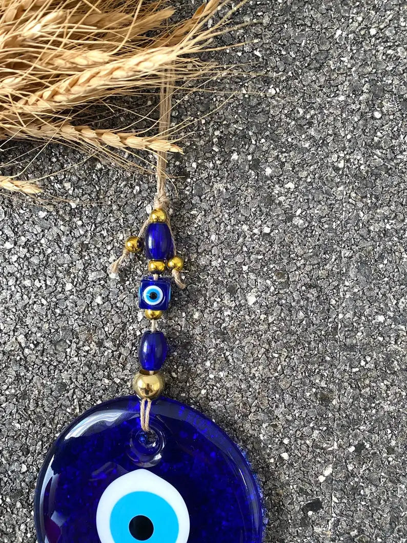 Blue Evil Eye Wall Hanging – Glass Nazar Boncuk Home Decor, Bohemian Greek Art