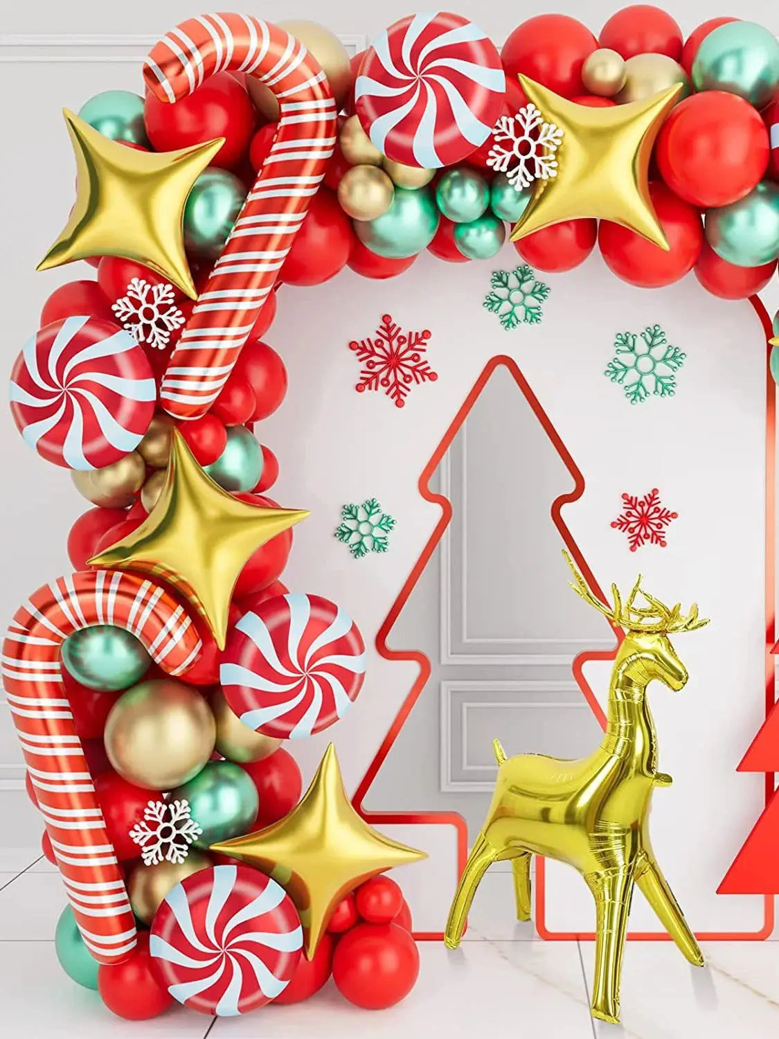 Christmas crutches, candy, golden deer, balloon decoration, red, green, four cornered stars, home, school, shopping mall,