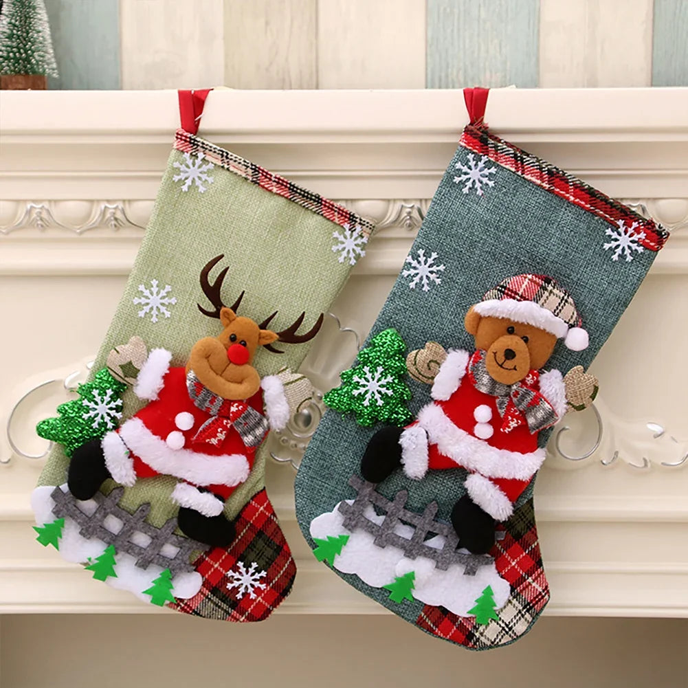 4Pcs Christmas Stockings Set Large Capacity Christmas Ornament Sock Plush Santa Claus/Snowman/Bear/Elk for Home Classroom Party