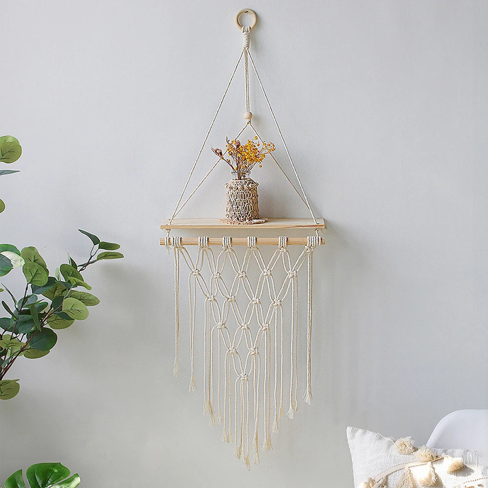Boho Wooden Hanging Shelves – Macrame Floating Plant Shelf & Rustic Wall Decor for Living Room, Bedroom & Office