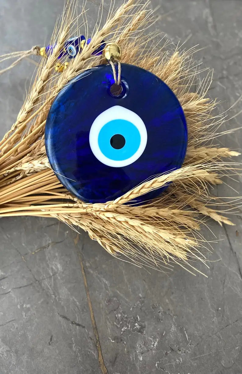 Blue Evil Eye Wall Hanging – Glass Nazar Boncuk Home Decor, Bohemian Greek Art