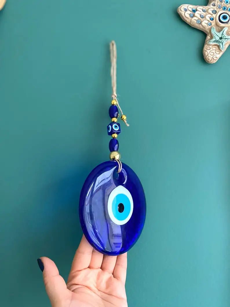 Blue Evil Eye Wall Hanging – Glass Nazar Boncuk Home Decor, Bohemian Greek Art