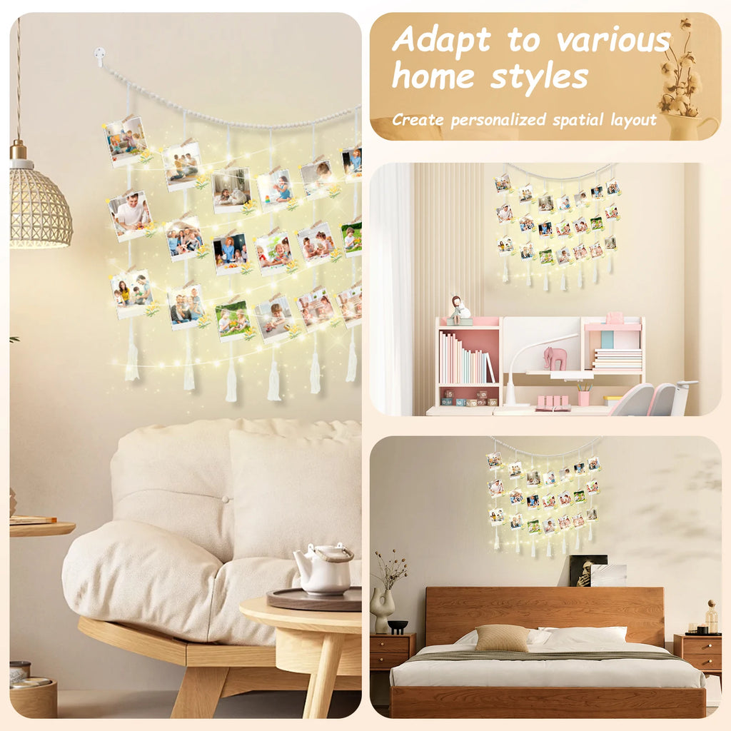 Photo Display Wall Hanging Decor Boho Home Decoration Cotton Rope Beads Macrame Tapestry for Wall Hanging Room Romance Decor