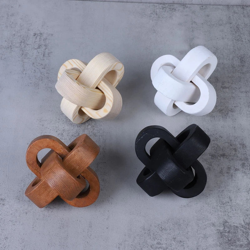 Hand-Carved Wooden Knot Decor – Boho 3-Link Wood Sculpture for Farmhouse, Office & Rustic Home Styling