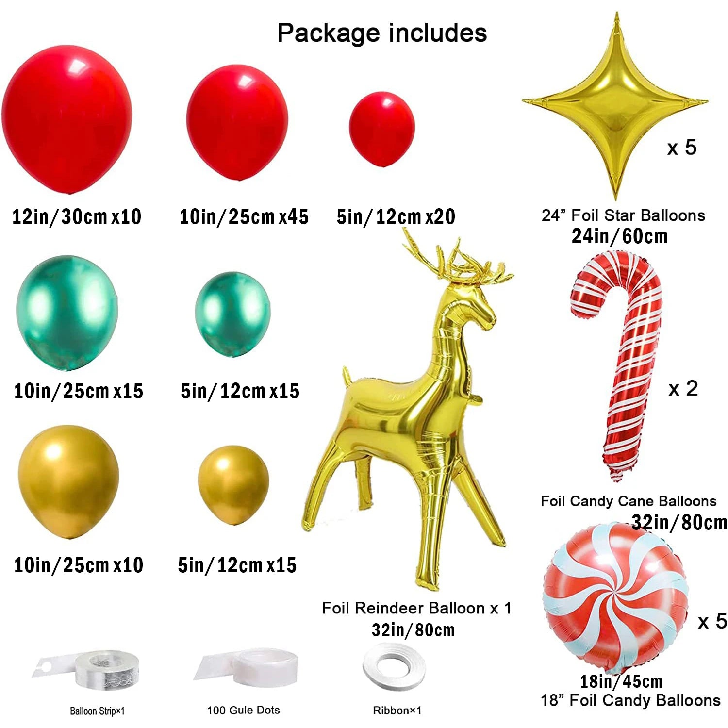 Christmas crutches, candy, golden deer, balloon decoration, red, green, four cornered stars, home, school, shopping mall,