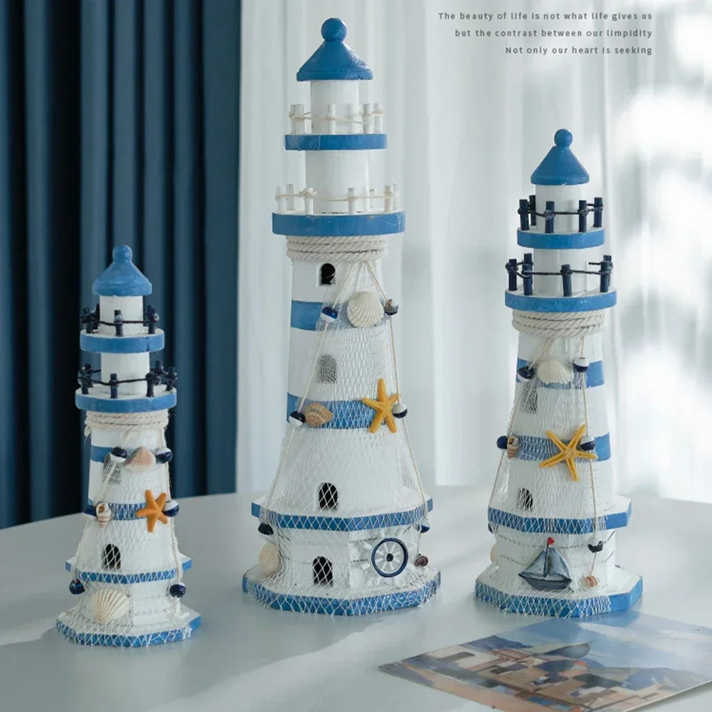 Mediterranean Wooden Lighthouse Decor – Nautical Sea-Themed Home Ornament & Creative Marine Gift for Kids and Living Rooms