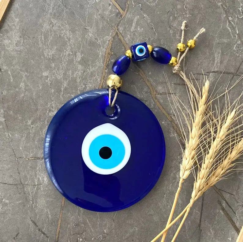 Blue Evil Eye Wall Hanging – Glass Nazar Boncuk Home Decor, Bohemian Greek Art