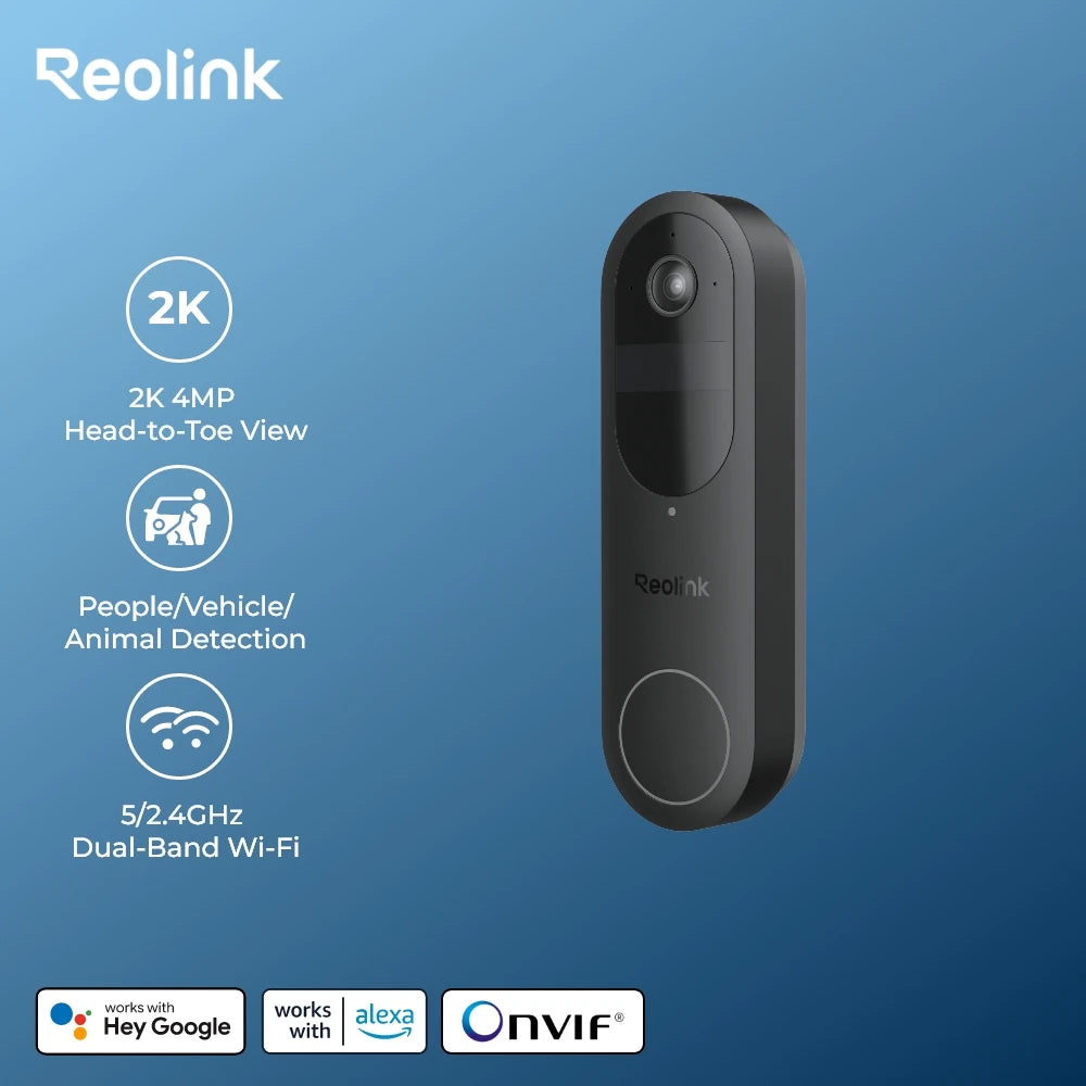 Reolink 2K Battery Doorbell WiFi Outdoor Wireless Doorbell, Battery/Wired Power, Storage Encryption via Home Hub, Without Chime