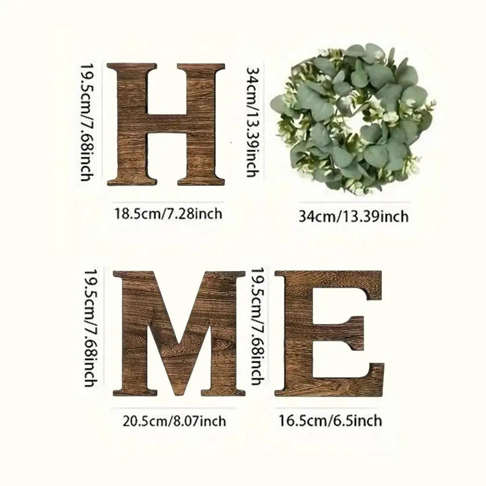 Wooden “HOME” Wall Sign with Faux Eucalyptus Wreath – Rustic Farmhouse Wall Decor for Kitchen & Living Room