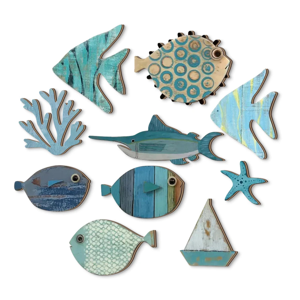 Handcrafted Wooden Ocean Wall Decor – Coastal Beach-Themed Set with Fish, Coral, Starfish & Sailboat for Home or Bathroom