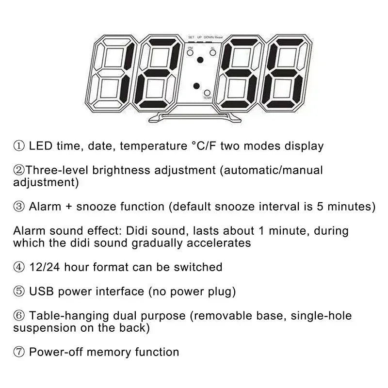 3D LED Digital Wall Clock – Modern Glowing Electronic Clock for Bedroom with Adjustable Brightness & Night Mode