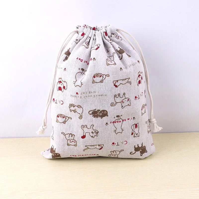 Cotton Linen Fabric Pouch Drawstring Bag Cute Animal Plant Print Kids Travel Cloth Shoes Storage Bag Makeup Case Xmas Gift Bag