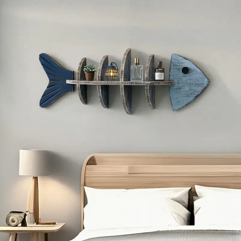 Mediterranean 3D Wooden Fishbone Wall Shelf – Retro Fish-Shaped Organizer & Decorative Wall Art for Living Rooms