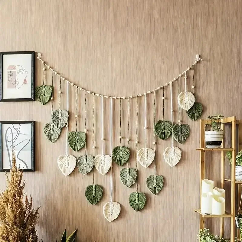 Boho Macrame Leaf Wall Hanging – Handmade Feather Tapestry for Bedroom & Living Room Home Decor