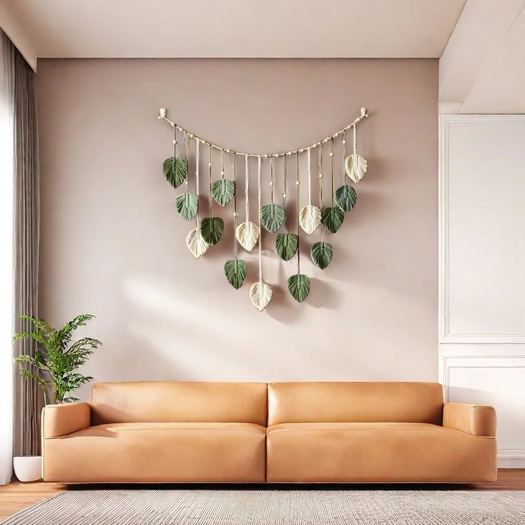 Boho Macrame Leaf Wall Hanging – Handmade Feather Tapestry for Bedroom & Living Room Home Decor