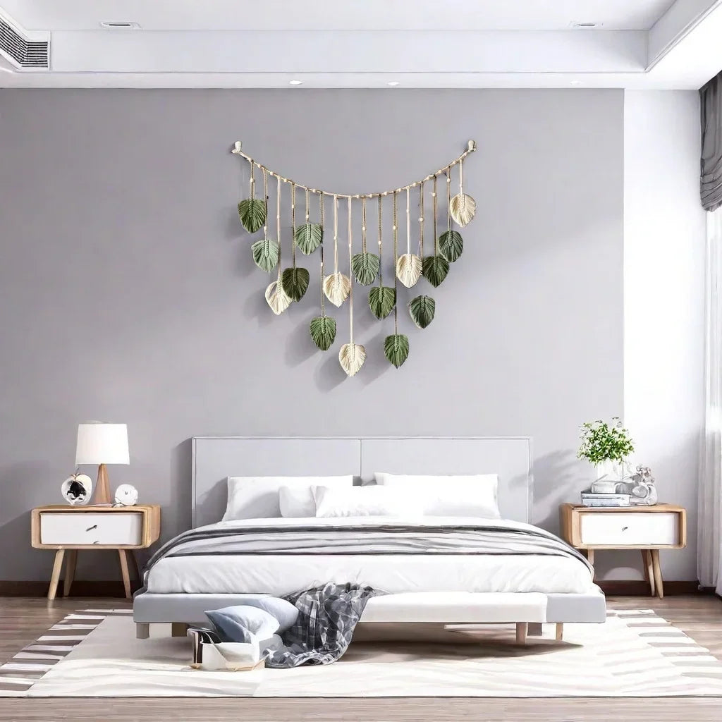 Boho Macrame Leaf Wall Hanging – Handmade Feather Tapestry for Bedroom & Living Room Home Decor