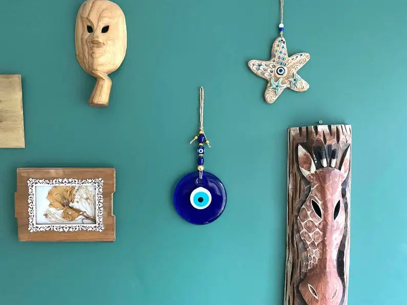 Blue Evil Eye Wall Hanging – Glass Nazar Boncuk Home Decor, Bohemian Greek Art