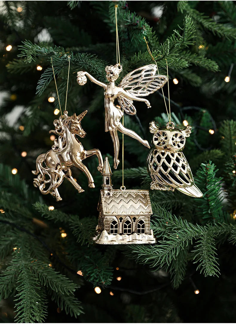 Xmas Ornament Ball Butterfly Dragonfly Angel Snowflake Gold Plastic Xmas Baubles Christmas Hanging Decor Christmas Tree Ornament