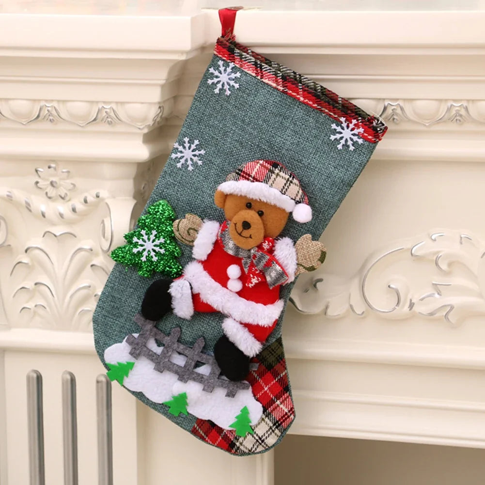4Pcs Christmas Stockings Set Large Capacity Christmas Ornament Sock Plush Santa Claus/Snowman/Bear/Elk for Home Classroom Party