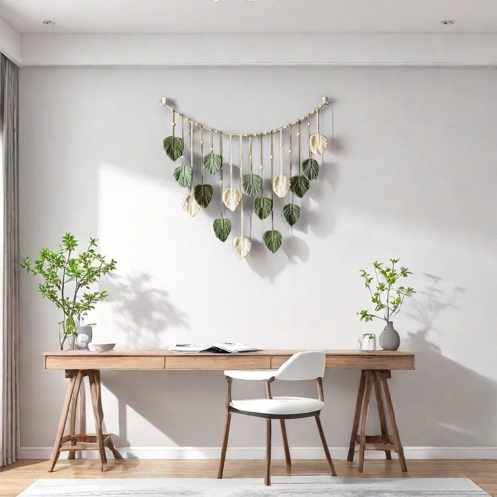 Boho Macrame Leaf Wall Hanging – Handmade Feather Tapestry for Bedroom & Living Room Home Decor