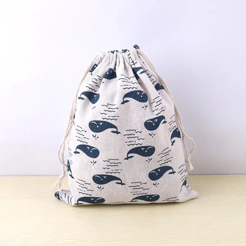 Cotton Linen Fabric Pouch Drawstring Bag Cute Animal Plant Print Kids Travel Cloth Shoes Storage Bag Makeup Case Xmas Gift Bag
