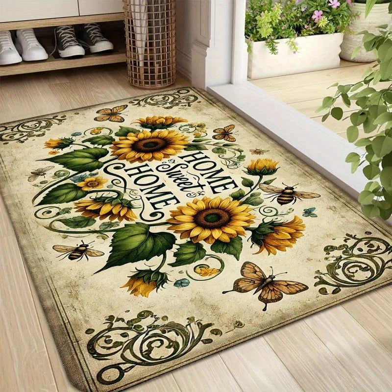 Vintage Sunflower "Home Sweet Home" Non-Slip Floor Mat - Indoor and Outdoor Absorbent Floor Mat, Perfect for Home Decor