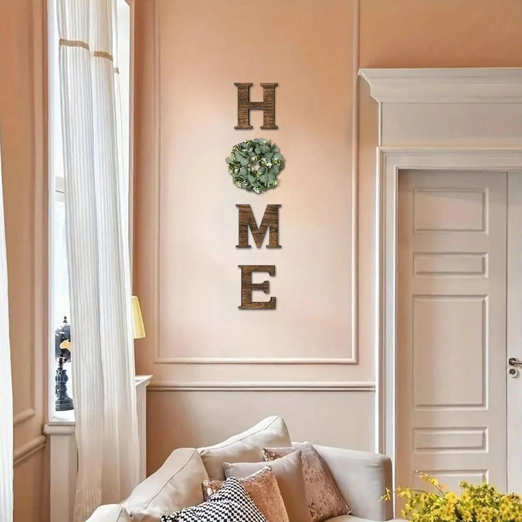 Wooden “HOME” Wall Sign with Faux Eucalyptus Wreath – Rustic Farmhouse Wall Decor for Kitchen & Living Room