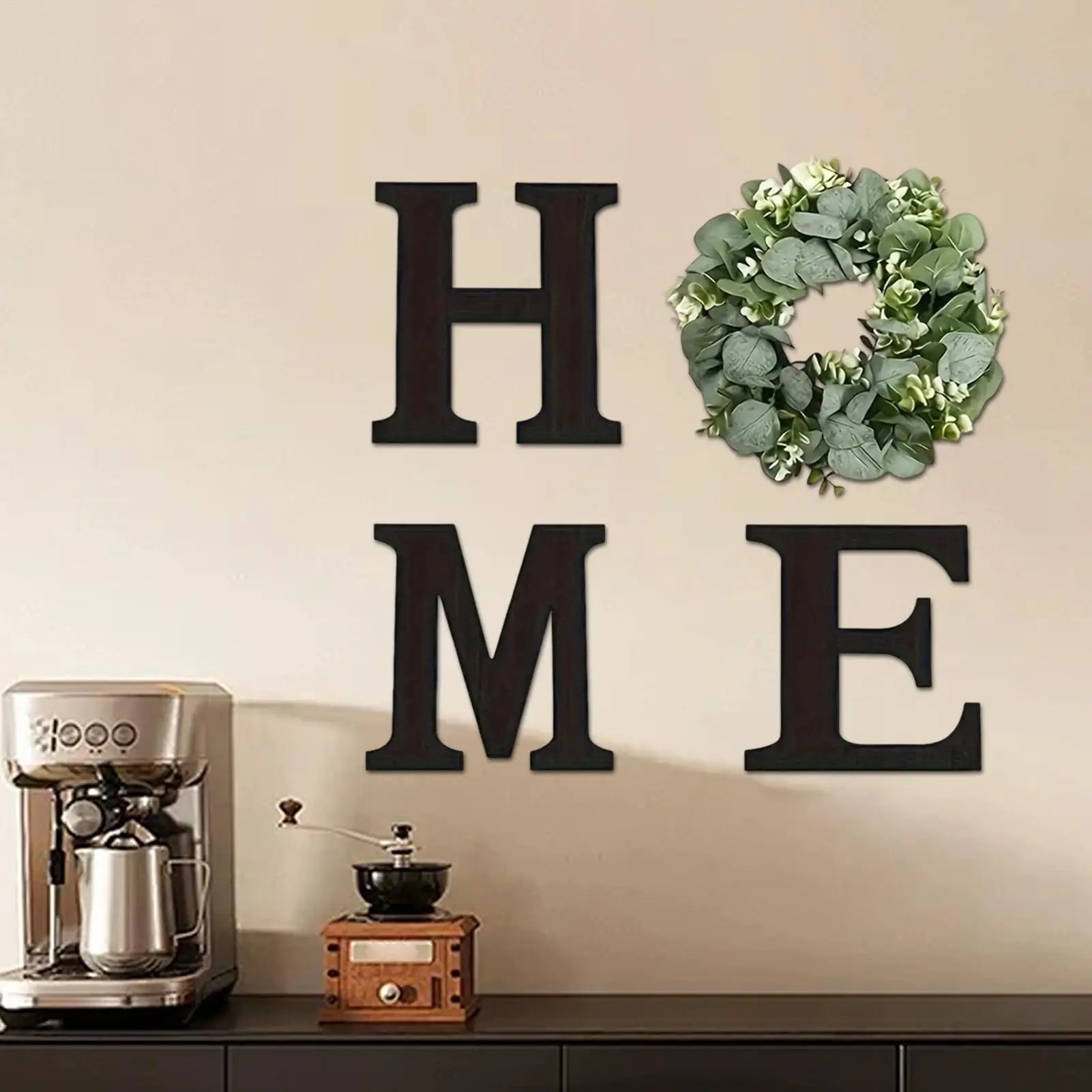 Wooden “HOME” Wall Sign with Faux Eucalyptus Wreath – Rustic Farmhouse Wall Decor for Kitchen & Living Room
