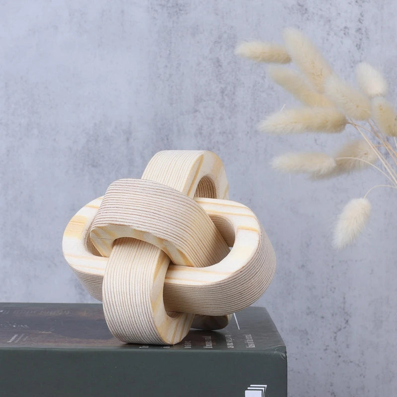 Hand-Carved Wooden Knot Decor – Boho 3-Link Wood Sculpture for Farmhouse, Office & Rustic Home Styling