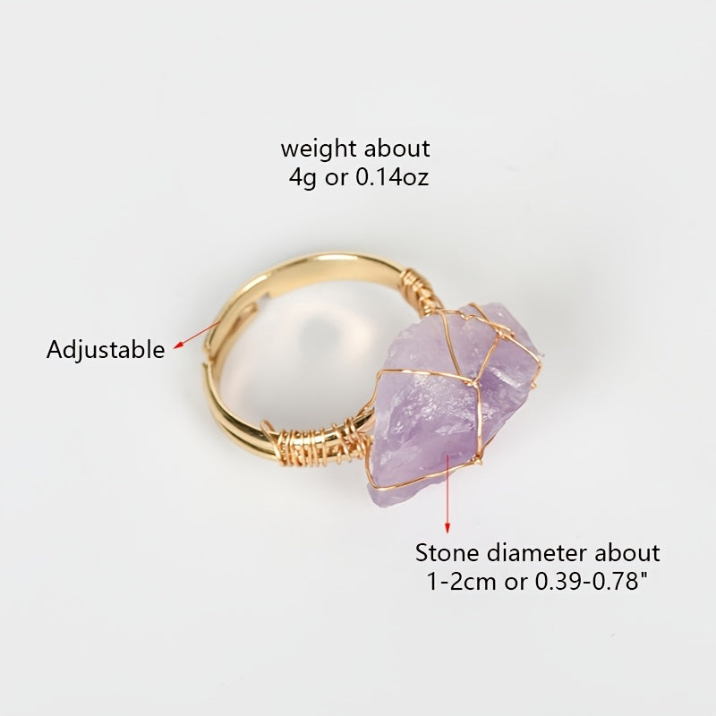 Adjustable Handcrafted Wire-Wrapped Natural Stone Ring - Unique Irregular Shape with Amethyst & Quartz, April Birthstone, Ideal for Daily Wear or Gifting, Natural Stone Beads