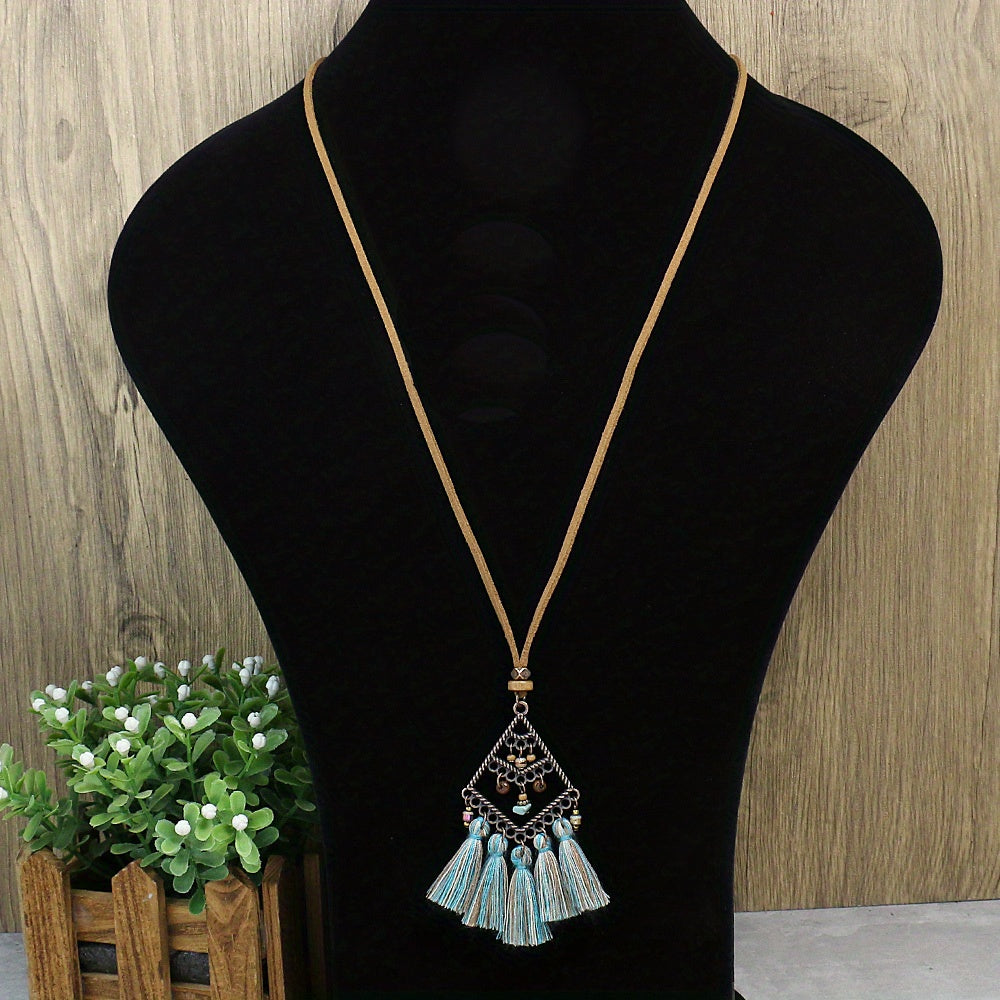 Boho-Chic 3pcs Set: Vintage-Inspired Tassel & Flower Pendant Necklaces with Rhinestone Accents - Zinc Alloy, Antique Bronze Finish for Casual Attire