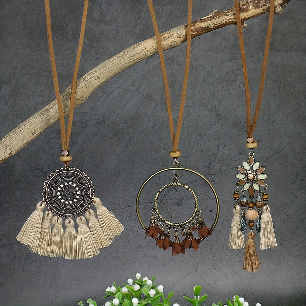 Boho-Chic 3pcs Set: Vintage-Inspired Tassel & Flower Pendant Necklaces with Rhinestone Accents - Zinc Alloy, Antique Bronze Finish for Casual Attire