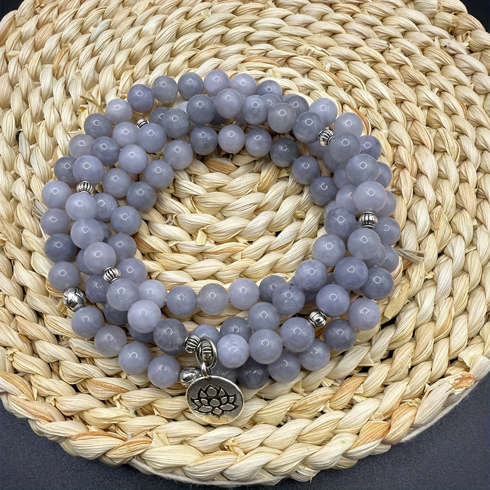 8mm Aquamarine 108 Mala Beads Bracelet Elastic Cord Wrap Bangle Jewelry For Women With 4 Accessories