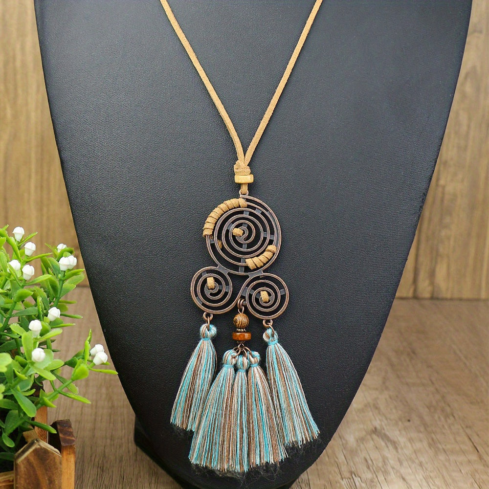 Boho-Chic 3pcs Set: Vintage-Inspired Tassel & Flower Pendant Necklaces with Rhinestone Accents - Zinc Alloy, Antique Bronze Finish for Casual Attire