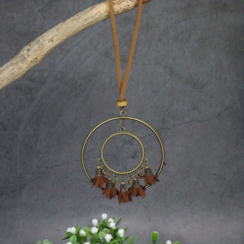 Boho-Chic 3pcs Set: Vintage-Inspired Tassel & Flower Pendant Necklaces with Rhinestone Accents - Zinc Alloy, Antique Bronze Finish for Casual Attire