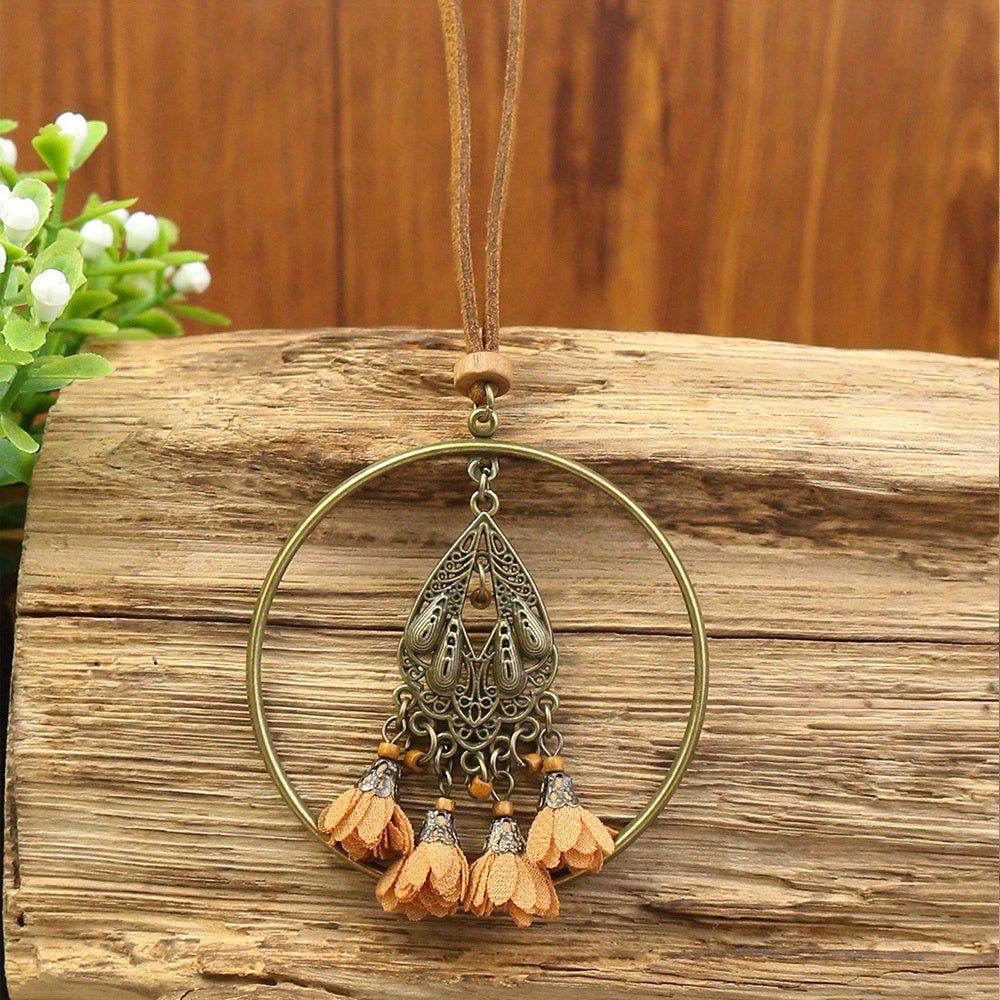 Boho-Chic 3pcs Set: Vintage-Inspired Tassel & Flower Pendant Necklaces with Rhinestone Accents - Zinc Alloy, Antique Bronze Finish for Casual Attire