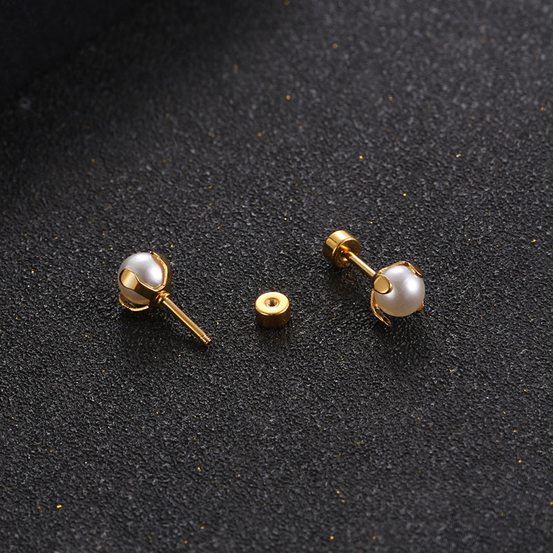 Pair of Elegant Stainless Steel Stud Earrings with Classic Pearl Accent - Simple, Chic Design for Daily Wear, Golden-Tone Metal, Cute Earrings