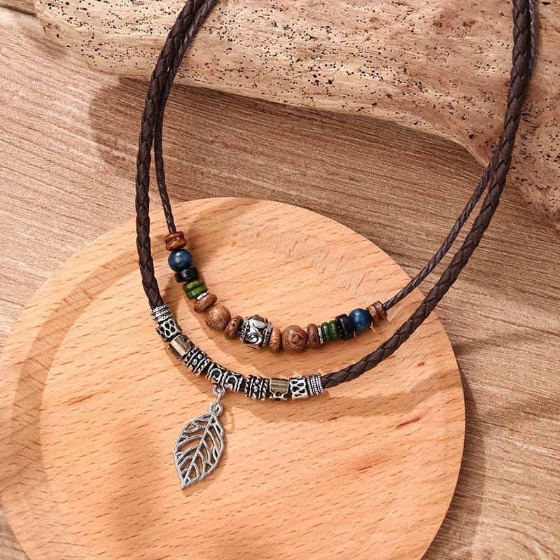 Women's PU Leaf Wooden Bead Necklace Party Ornament Jewelry Gift