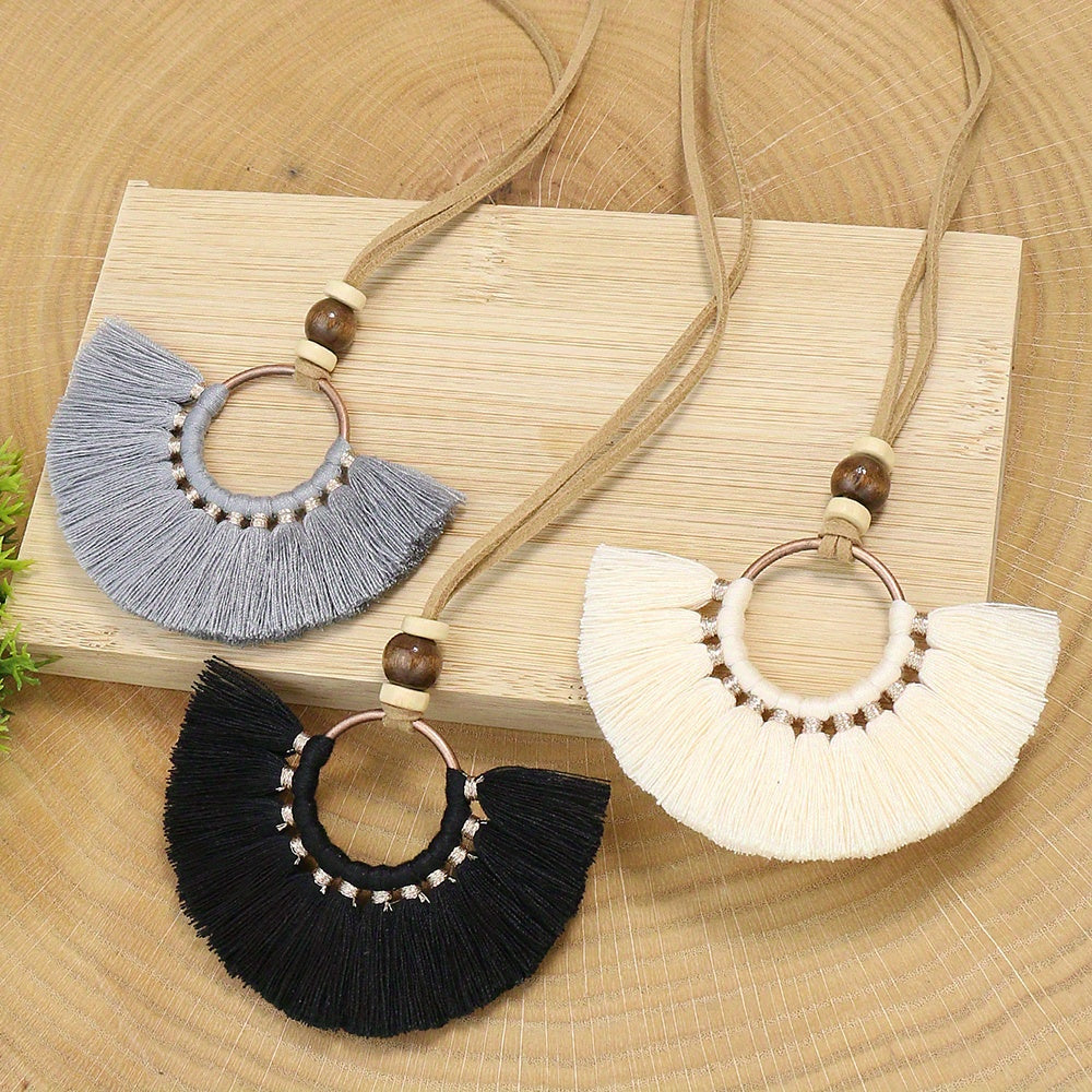Boho-Chic 3pcs Set: Vintage-Inspired Tassel & Flower Pendant Necklaces with Rhinestone Accents - Zinc Alloy, Antique Bronze Finish for Casual Attire